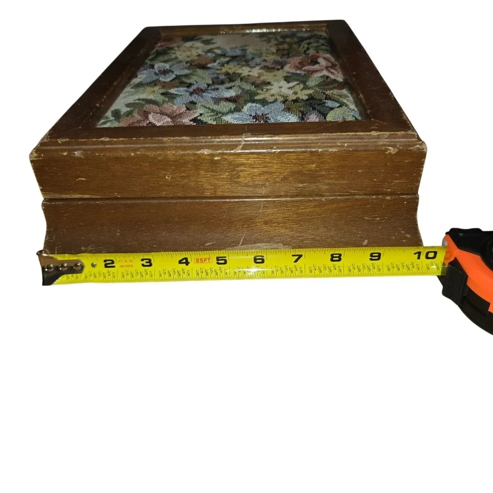 Vintage Jewelry Box Wood London Leather Co Floral Tapestry Red Velvet Lining